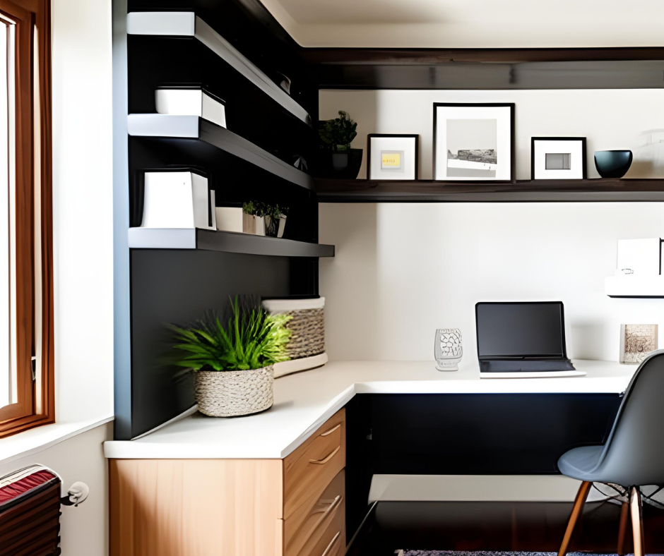 A Fully Functional Home Office Corner With Floating Shelves