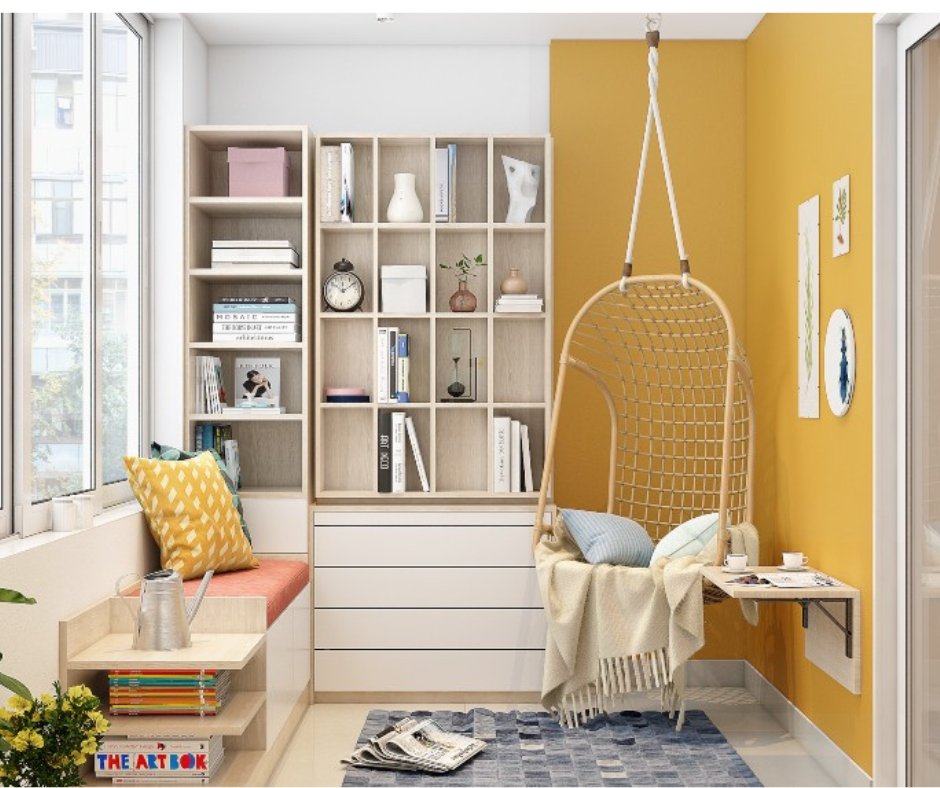 Balcony Design With A Book Cabinet And A Hanging Swing