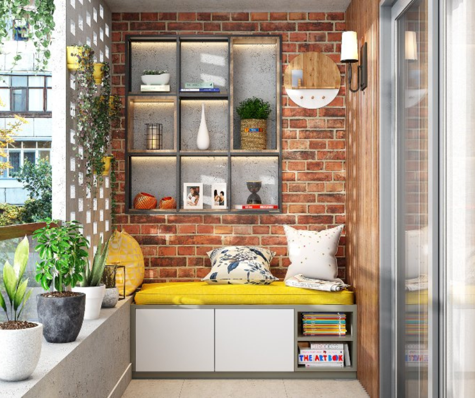 Balcony Design With A Brick Wall And Open Shelves